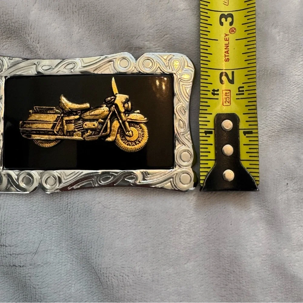 Vintage Baun Belt Buckle Motorcycle‎ Design Black Enamel Silver Frame 3.5”